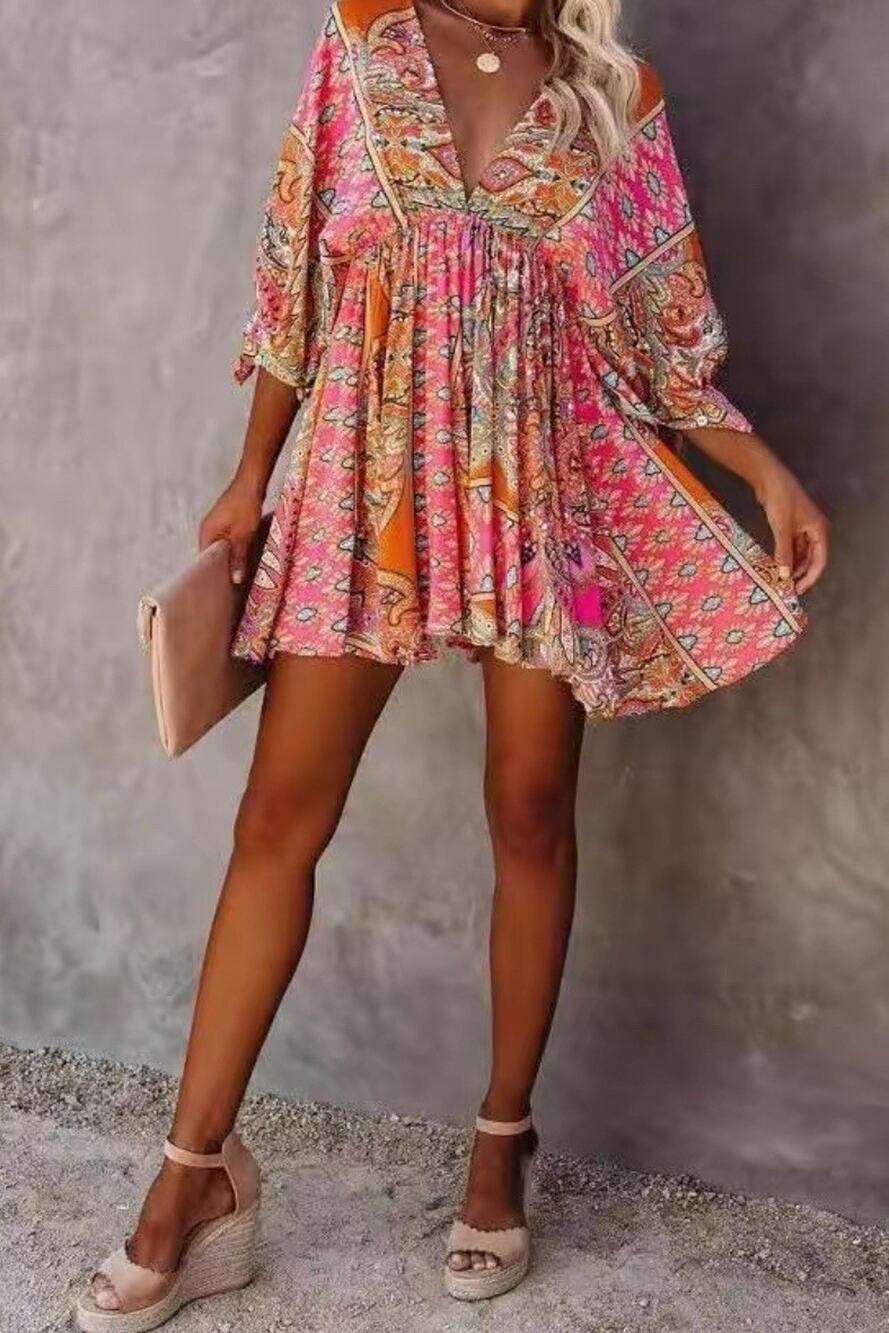Boho Women's Floral Maxi Dress V-Neck, Short Sleeve, New No Tags Size Large